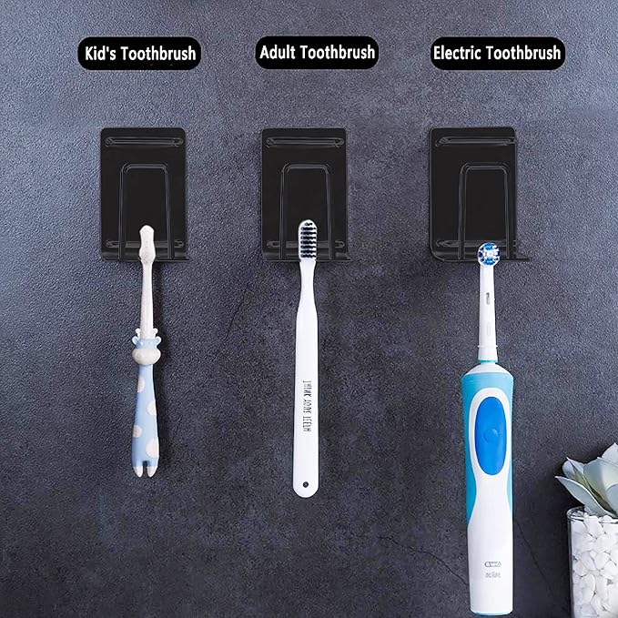 HANZE Toothbrush Holder 304 Stainless Steel Adhesive Wall Mounted 3 in 1 with Toothbrush Holder Toothpaste Holder and Cup Holder for Bathroom Shower, 2 Pack(Black)