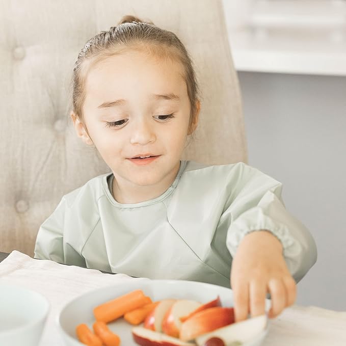 Tiny Twinkle Long Sleeve Bib for Babies & Toddlers – 2 Pack Waterproof Smock Bibs for Eating – Machine Washable & Mess-Proof, Baby Feeding Essential & Shower Must-Have (Sage Charcoal,2-4Y)