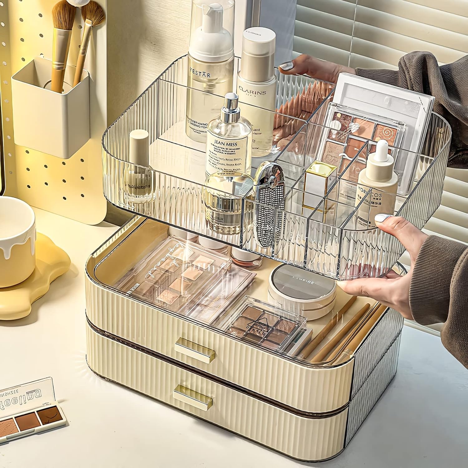 Makeup Organizer with Stackable Drawers, Bathroom Countertop Vanity Organizers and Storage, Ideal for Desk and Dresser, Great for Cosmetics, skin Care, Lipsticks, Nail Care -Cream White