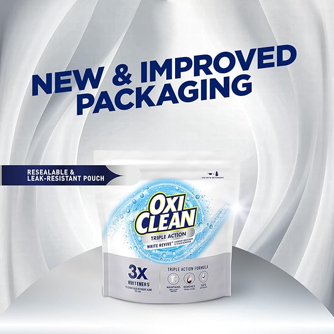 OxiClean Triple Action White Revive Laundry Whitener and Stain Remover Powder, Use with Detergent, Whitens and Brightens Clothes, Removes Tough Stains, Color Safe, Chlorine Free, 6.5 lbs