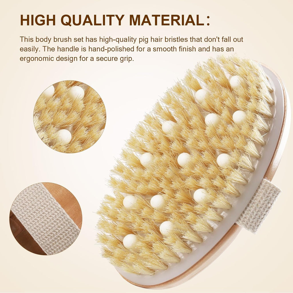 Dry Brushing Set - Natural Boar Bristle Body & Face Brush, Wooden Long Handle Scrub Brush for Cellulite & Lymphatic Drainage, Detachable, 3 Brush Heads