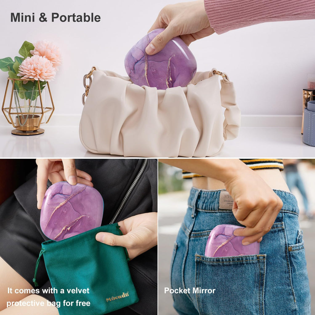 Mocado Compact LED Travel Makeup Mirror - 4 Inches 1X/10X Magnification Travel Mirror with Light Dimmable Double Sides Lighted USB Rechargeable Compact Mirror for Purse,Pocket,Travel(Purple Marble)