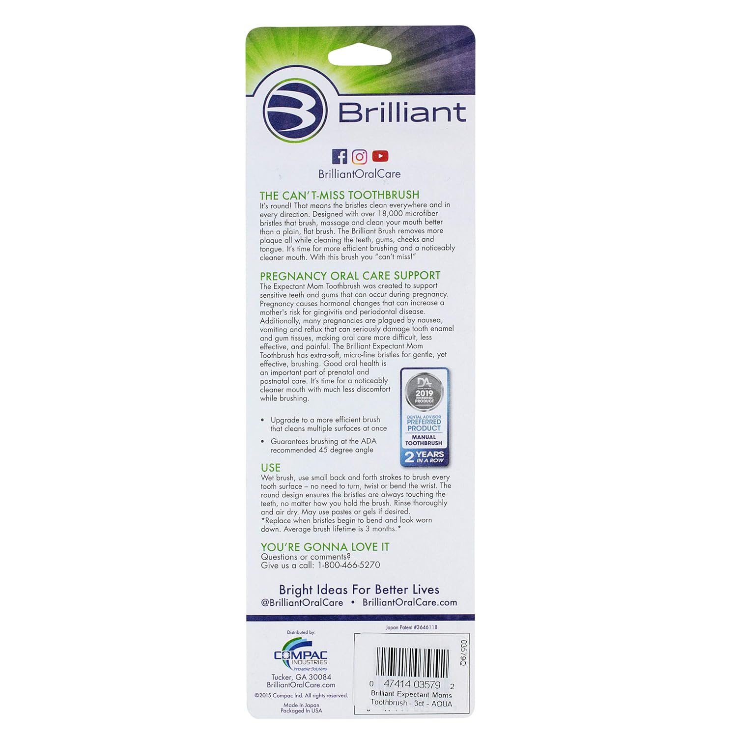 Brilliant Oral Care Expectant Mom Toothbrush, a Pregnancy Must Have with Gentle, Extra Soft Bristles, Round Head for Sensitive Teeth and Gums, Assorted Colors, 3 Pack