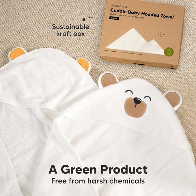 KeaBabies Hooded Baby Towel for Newborn - Viscose Derived from Bamboo Large Baby Bath Towels with Hood for Boys, Girls, Toddler, Extra Absorbent & Soft Newborn Bath Essentials (Grizzly, Regular)