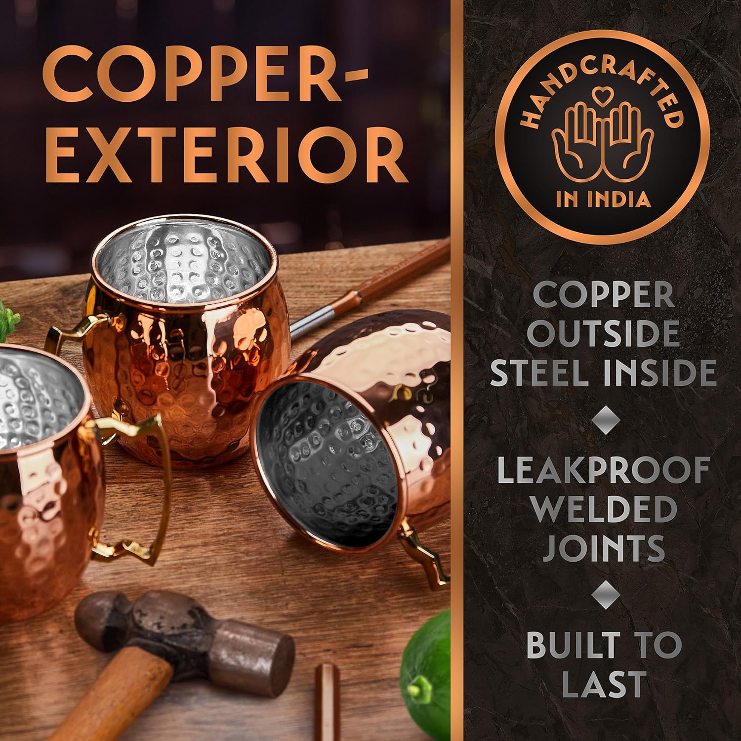 Gift Set Moscow Mule Mugs Set of 4 16 oz Copper Plated Stainless Steel 4 Straws 4 Coasters Jigger Shot Glass Stirring Spoon, Cleaning Brush