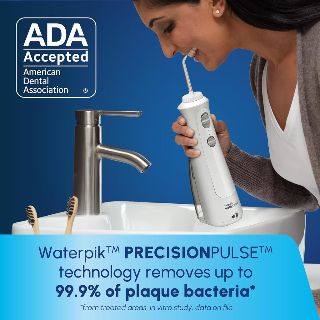 Waterpik Cordless Pearl Rechargeable Portable Water Flosser for Teeth, Gums, Braces Care and Travel with 4 Flossing Tips - ADA Accepted, WF-13 White, Packaging May Vary