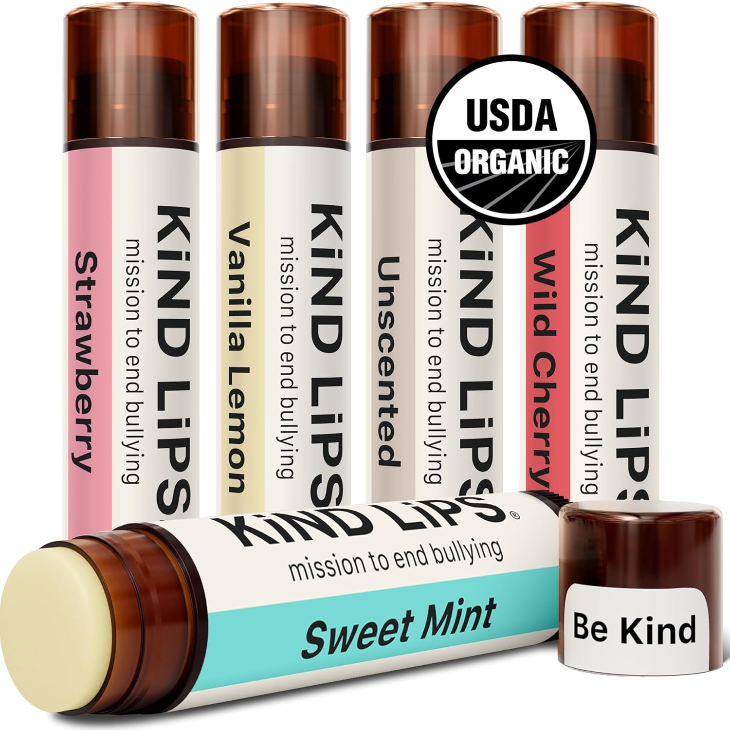 Kind Lips Organic Variety 5-Pack Lip Balm – Unscented, Sweet Mint, Wild Cherry, Vanilla Lemon & Strawberry – Natural, Gluten Free, Grain Free – Made in USA – Moisturizing Chap stick