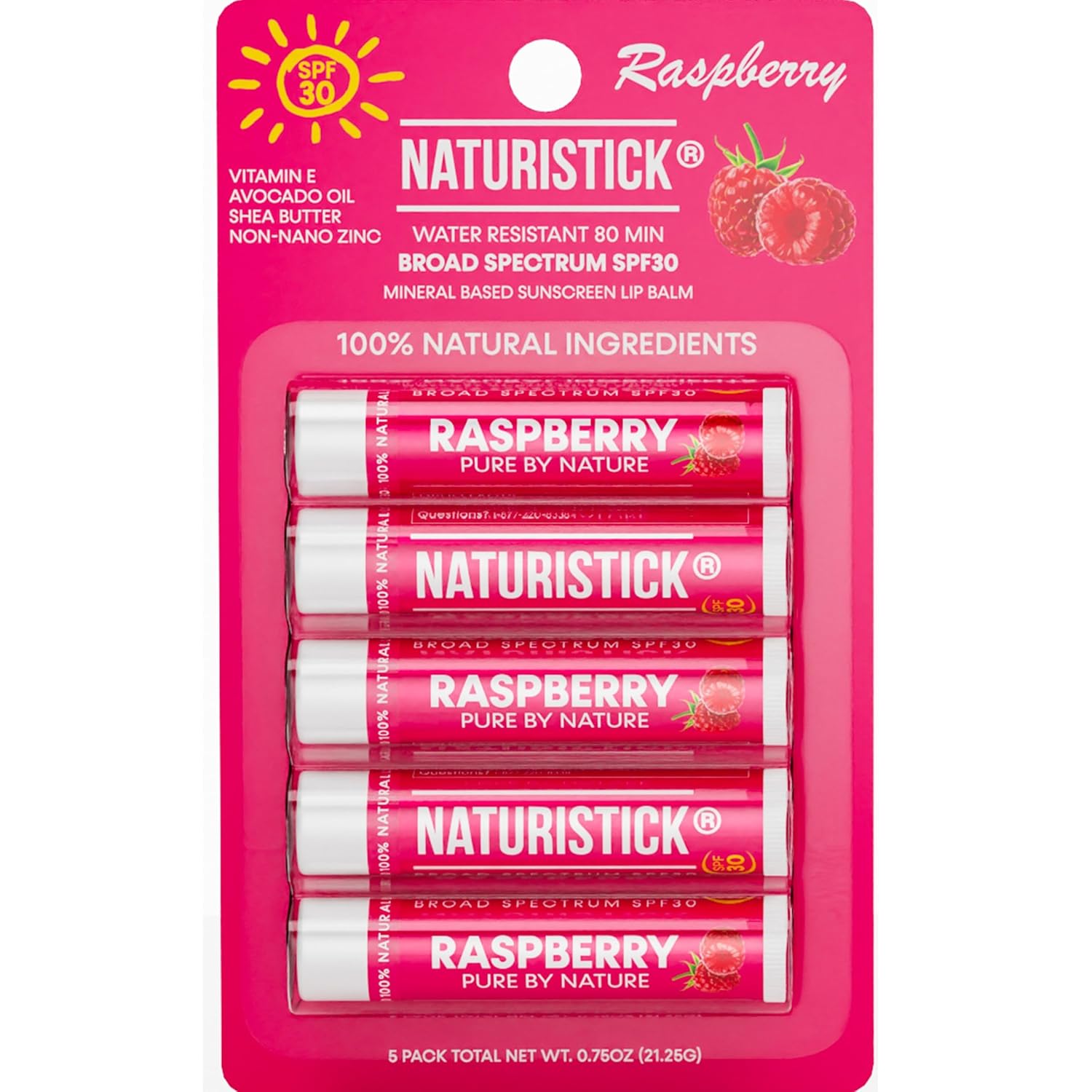 Naturistick SPF 30 Vegan Lip Balm – Mineral Sunscreen with Zinc Oxide | Broad Spectrum UVA/UVB Protection | 100% Natural, Coral-Friendly Formula | Oxybenzone Free | 5-Pack Raspberry | Made in USA