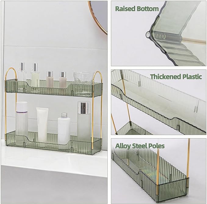 YCIA&DONE 2 Tiers Narrow Vanity Makeup Organizer, Bathroom Organizers Countertop Slim, Perfume Holder Skincare Storage Cosmetic Shelf Spice Rack, for Small Desktop Counter Space, Vintage Green