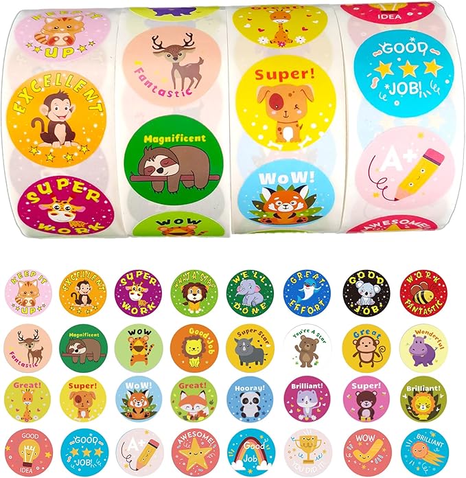 2000 Motivational Animal Reward Stickers for Kids & Classroom