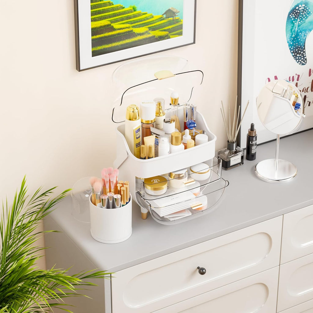 Yieach Countertop Makeup Organizer for Vanity,Large Capacity Skincare Organizers With Drawers and Makeup Brush Holder,Cosmetic Display Cases with Clear Cover for Bathroom,Dresser,Beauty Product,White