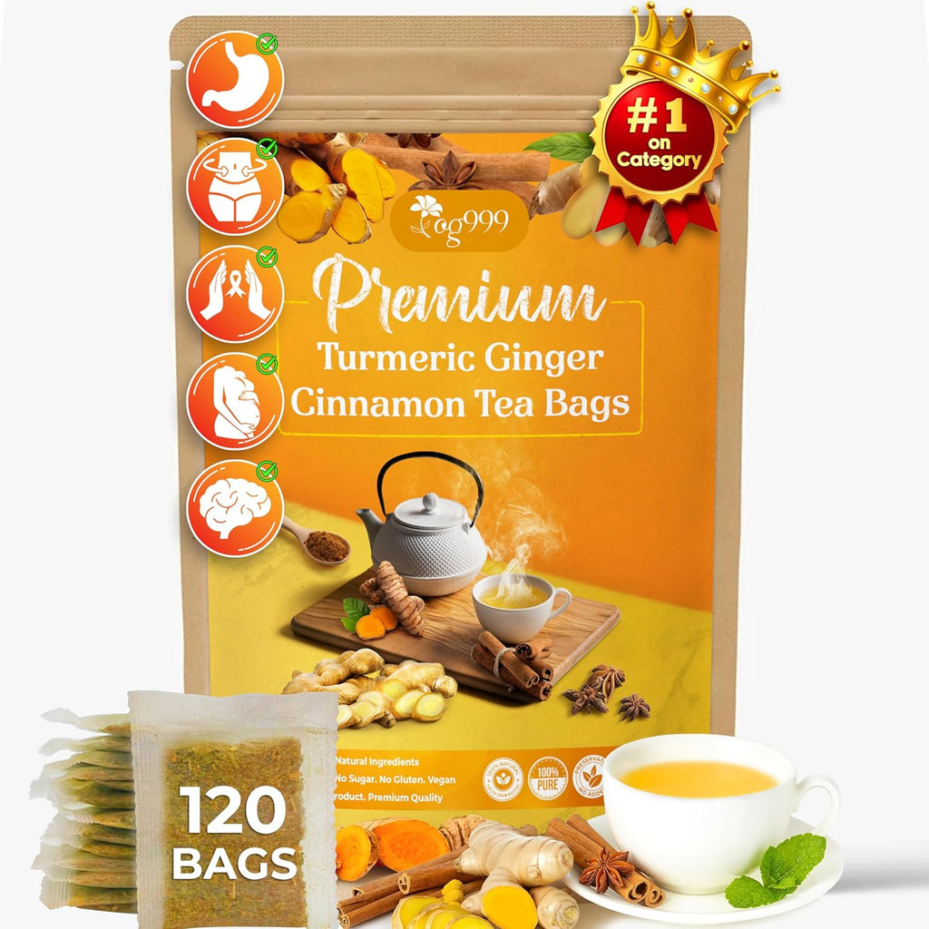 120 Bags Premium Turmeric Ginger Cinnamon Tea, Improve Digestion, Support Brain, Weight, Skin and Sleep, Eco-Conscious Tea Bags and Premium Natural Ingredients. Turmeric Ginger Herbal Tea. No Sugar, No Caffeine, No Gluten, Vegan.