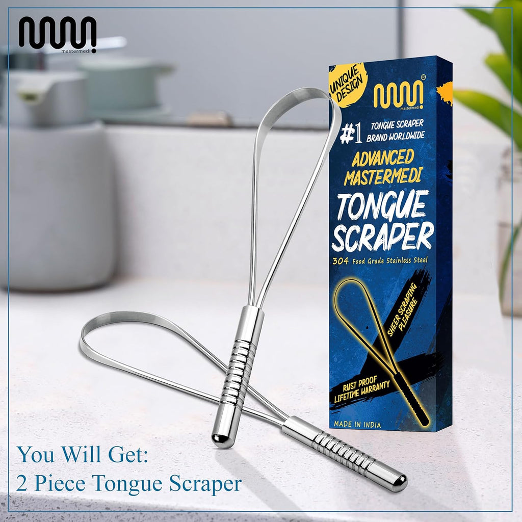 MasterMedi Tongue Scraper for Adults, 100% Stainless Steel Tongue Scrubber for Bad Breath, Easy to Use, Tongue Cleaner for Oral Care & Hygiene (SS Uni|Pack of 2)