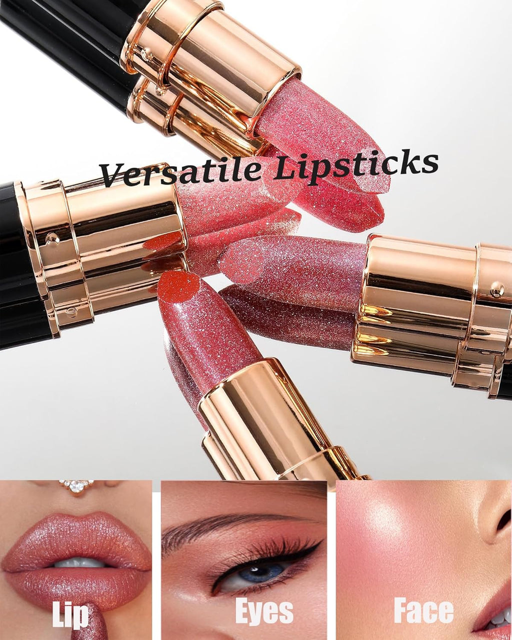Metallic Glitter Lipstick Set Long Lasting,3 Pcs Diamond Shimmer Lip Gloss Pink Brown Red Rose Red Matte Lip Stick for Women,Sparkling Shiny Transfer Proof Non Stick Tinted Lip Balm Color Makeup-Set A