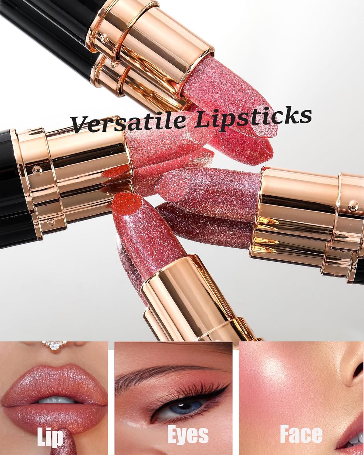 Metallic Glitter Lipstick Set Long Lasting,3 Pcs Diamond Shimmer Lip Gloss Pink Brown Red Rose Red Matte Lip Stick for Women,Sparkling Shiny Transfer Proof Non Stick Tinted Lip Balm Color Makeup-Set A
