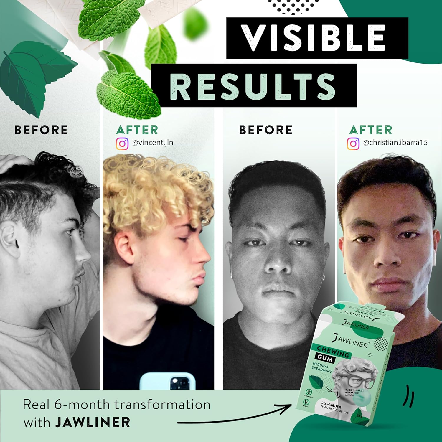 Jawliner® Hard Jwaline Chewing Gum - Sugar Free Spearmint Tough Jaw Gum - Jaw Exerciser Strong Mewing Jawline Mistic Gum - 2x Harder than Regular Chewing Gum 33 Grams (12 Strips)