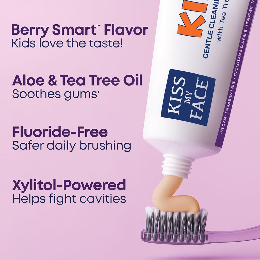 Kiss My Face Kids Toothpaste – Fluoride Free, Natural Berry Flavor, Gentle Cleaning for Children’s Teeth & Gums – Vegan, Sugar Free, SLS Free, No Artificial Colors or Flavors, with Xylitol – 4 oz