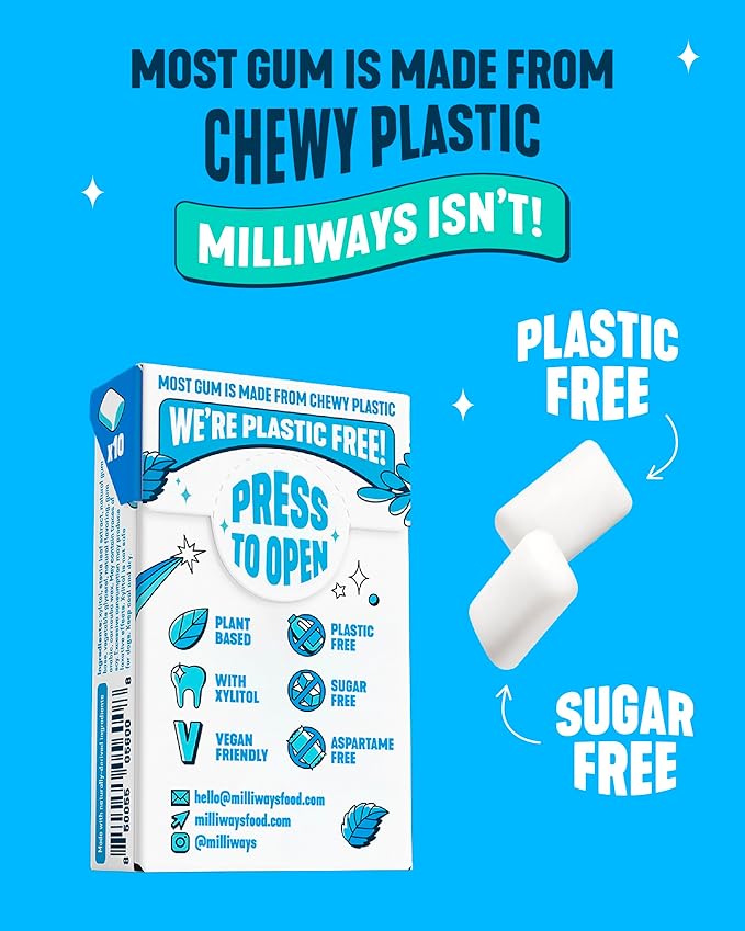 Milliways Peppermint | Plastic Free Gum | Xylitol, Aspartame-Free, Sugar-Free, Plant-Based, Natural Chewing Gum | 120 Pieces Total (12 Packs of 10 Pieces)