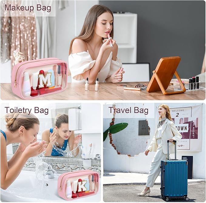 YOOLIFE Birthday Gifts | Initial Travel Makeup Bag Pouch, Clear Toiletry Bag for Women Travel Accessories Cosmetic Bag Skin Care for Teen Make Up Bags Birthday Gifts for Teacher Mom Pink B