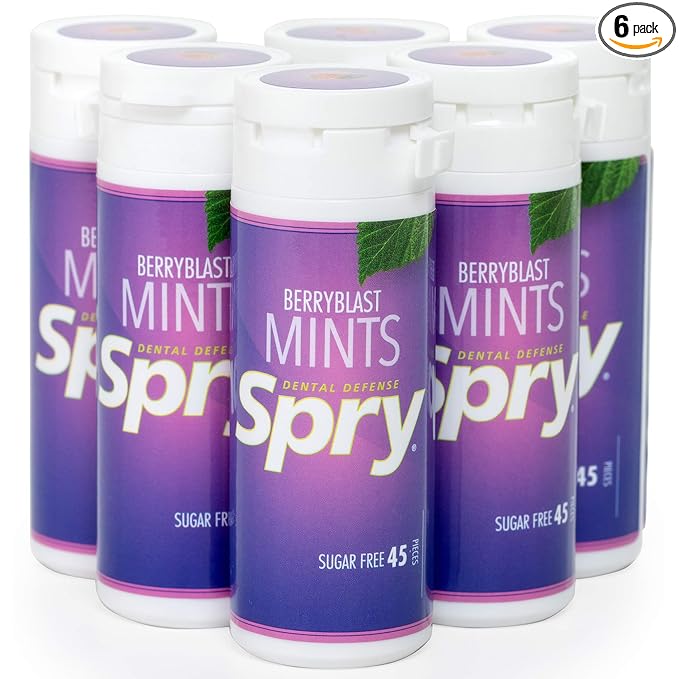 Spry Xylitol Berry Blast Mints Sugar Free Candy - Promote Oral Health, Increase Saliva Production, Stop Bad Breath, Non-GMO, Gluten-Free, 45 Count (Pack of 6)