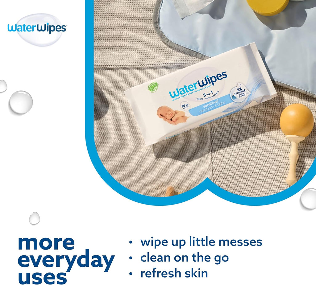 WaterWipes Sensitive+ Newborn & Baby Wipes, 3-In-1 Cleans, Cares, Protects, 99.9% Water, Unscented & Hypoallergenic, 1440 Count (24 Packs)