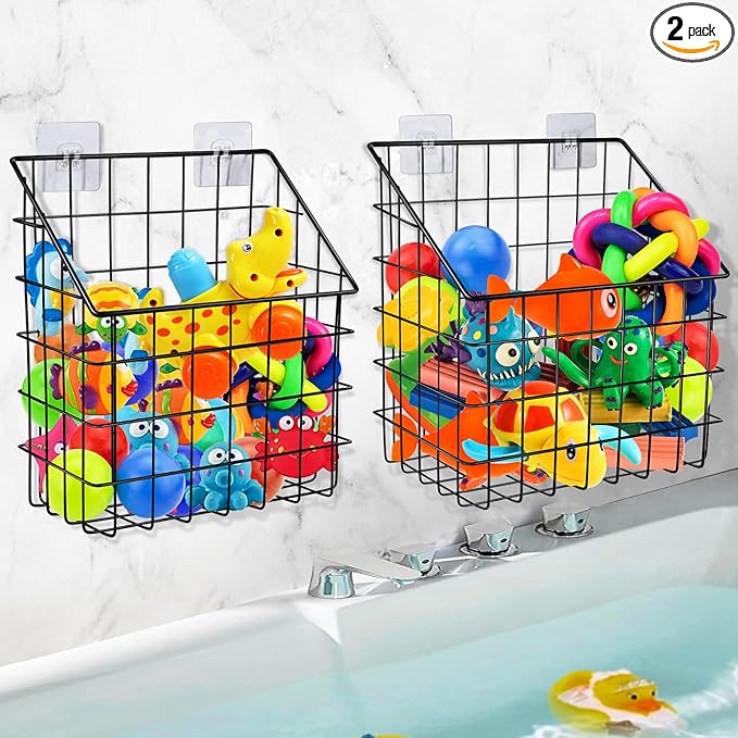2 Pack Bath Toy Storage Organizer Basket, Large Metal Bathtub Toy Holder, Wall Mounted Hanging Shower Basket, Bath Toy Organizer For Bathtub for Easy Access and Sorting Toys/Clothes/Toiletries