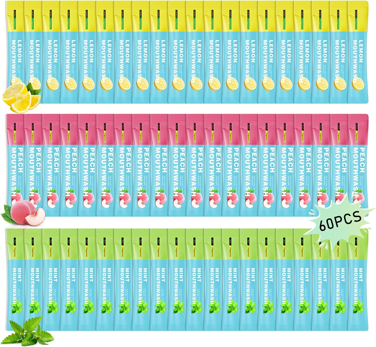 3 Flavors Mini Mouthwash Travel Size, Portable Individual Travel Mouth Wash for Fresh Breath, Refreshing Long Lasting Gentle Oral Care Mouthwash Packs(Pack of 60)