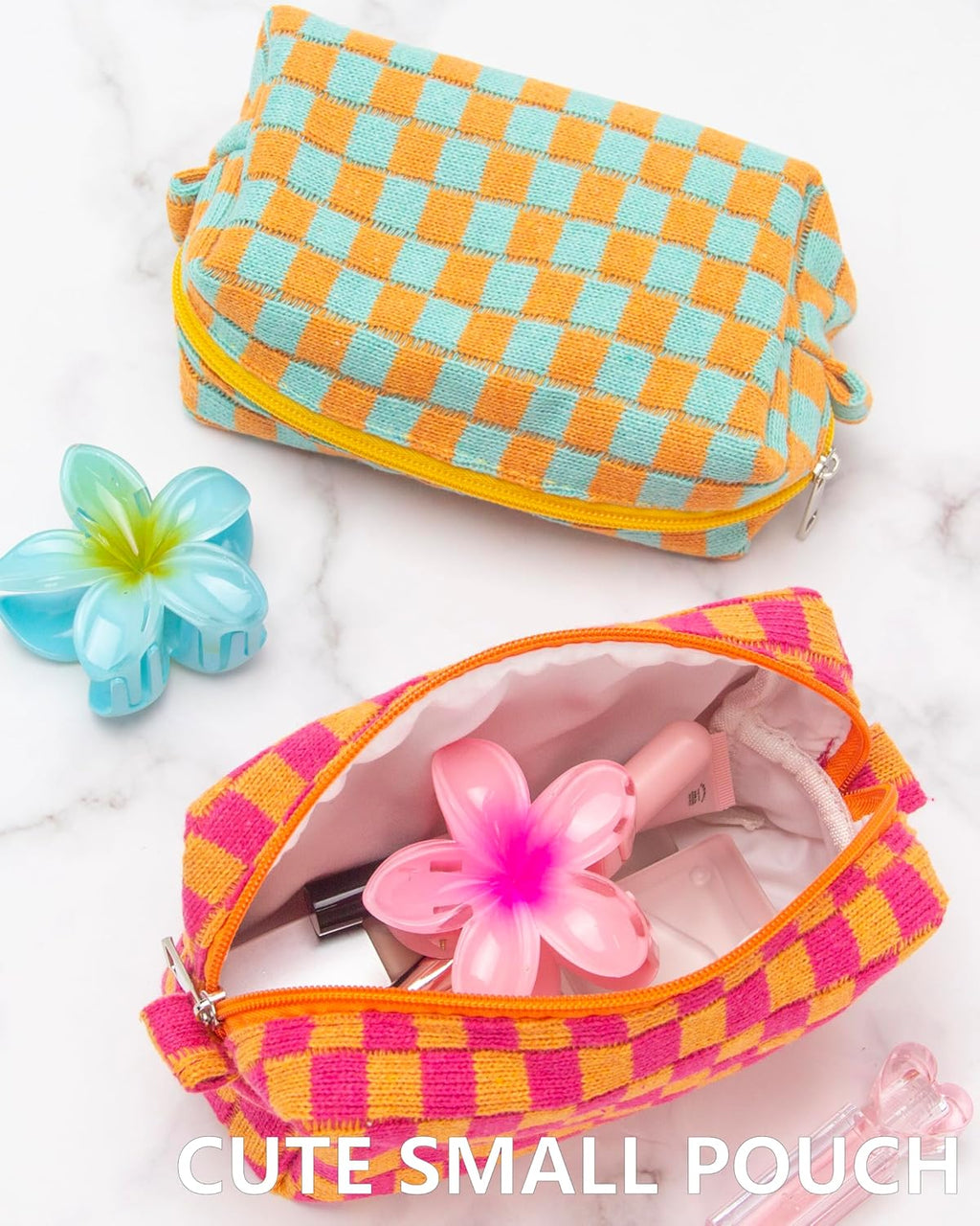 PAZIMIIK 6PCS Checkered Makeup Bag for Purse Portable Zipper Make Up Pouch Small Cosmetic Case for Travel Red Orange