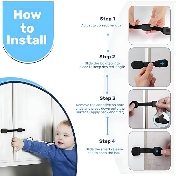 3M Adhesive Child Safety Strap Locks by Baby Proof Me, Baby Latches for Cabinets, Dishwashers, Fridges, Ovens and Trash Cans, Stain Free Toilet Lock (Black, 24 Safety Latches)