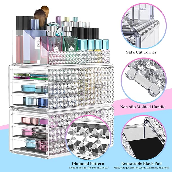 3 Pack Makeup Organizer Stackable[Upgraded], Acrylic Cosmetics Storage Cases with 8 Drawers Perfume Organizers For Brush Holder or Jewelry Display,Plus Size,Best For Vanity,Bathroom or Countertop