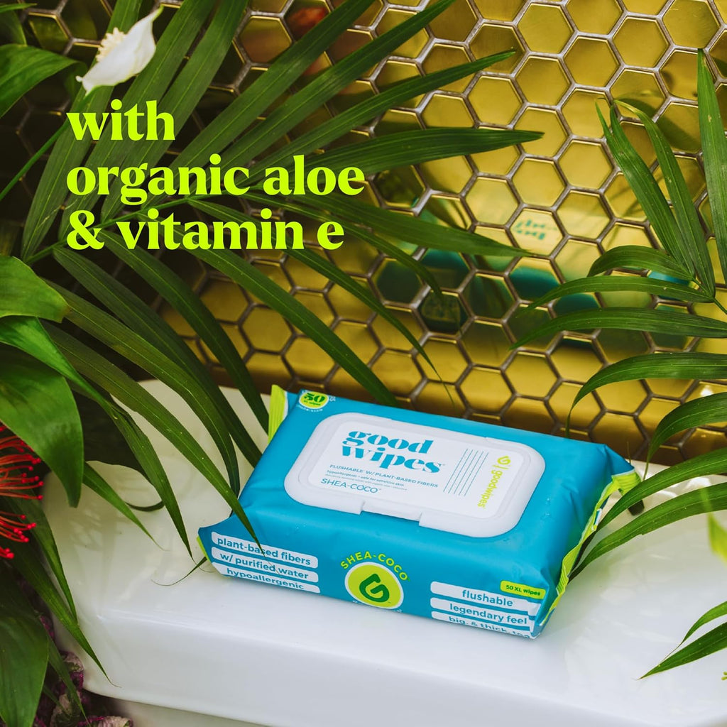 goodwipes Flushable Butt Wipes - Vitamin E & Aloe - Sewer & Septic Safe - Extra Large Adult Wet Wipes For Women & Men - Bathroom Essentials - Shea-Coco, 418 Count (8 Packs + 1 Travel)