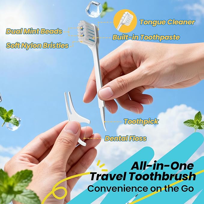 Pinkart Mini Disposable Toothbrushes with Toothpaste, Pre-Pasted Travel Toothbrush with 2 Mint Beads, Individually Wrapped Single-Use Toothbrush for On-The-Go & Travel (24 Count)