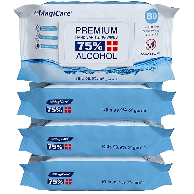 MagiCare 75% Large Alcohol Wipes (4-80ct Packs) - Alcohol Hand Sanitizing Wipes, Premium - Unscented Hand Wipe, Sanitizer Wipe - Travel, Home, Classroom, Camping - 4 Soft Packs (320pcs)