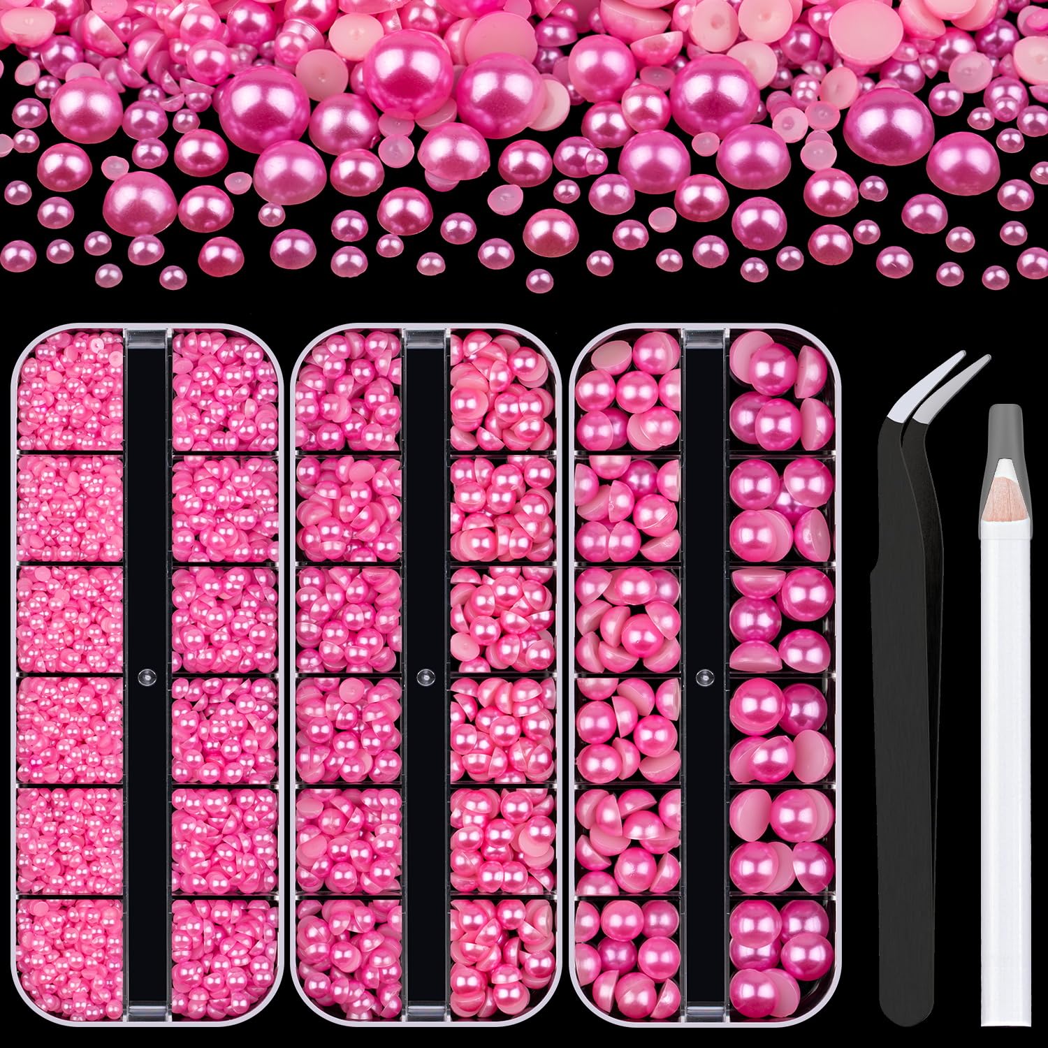3 Boxes Flat Back Pearls Kit 12 Flatback Peach Half Round Pearls 3-10mm with Pickup Pencil and Tweezer for Home DIY and Professional Nail Art, Face Makeup and Craft