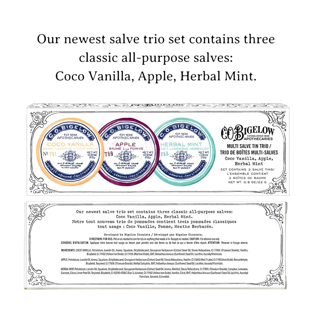C.O. Bigelow Assorted Salve Tins, Pack of 3 Lip Balm Tins, Coco Vanilla, Apple, and Herbal Mint All Purpose Salve for Lips, Cuticles, Hands & Dry Skin, Lip Balm Set, 0.8 oz