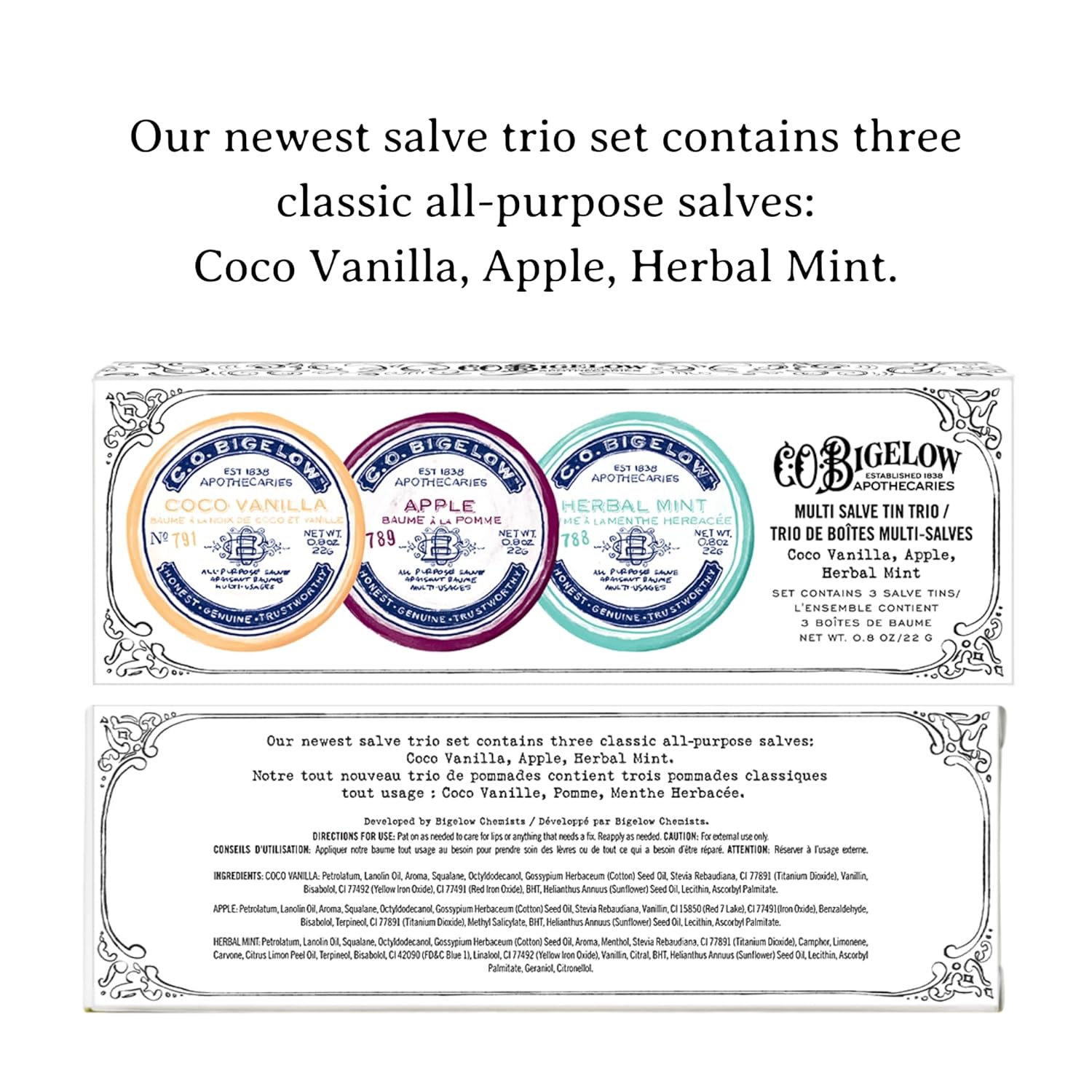 C.O. Bigelow Assorted Salve Tins, Pack of 3 Lip Balm Tins, Coco Vanilla, Apple, and Herbal Mint All Purpose Salve for Lips, Cuticles, Hands & Dry Skin, Lip Balm Set, 0.8 oz