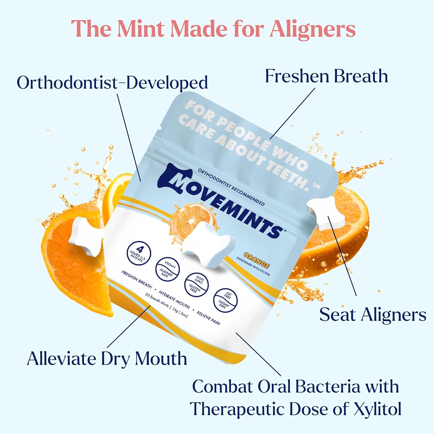 Movemints Clear Aligner Mints - Patented, Edible Alternative to Chewies - Freshen Breath and Improve Dry Mouth with Xylitol - Orange (3 Pack)