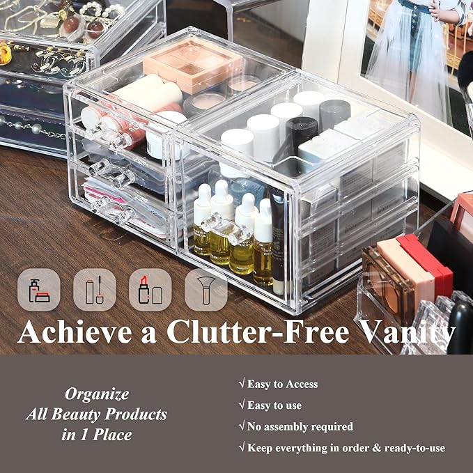 Sea Team Clear Makeup Organizer with Drawers, Acrylic Plastic Cosmetic Display Case, Jewelry Storage Box, Holder for Dresser, Bathroom, Vanity, Countertop (1 Large, 3 Small Drawers)