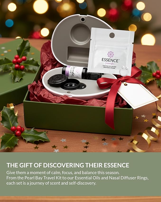 Essence Pearl Travel Case - Wearable Aromatherapy Kit with Nasal Diffuser Rings, Soaking Bay, and 5mL Essential Oil – Portable Wellness Gift Set for On-The-Go Self Care