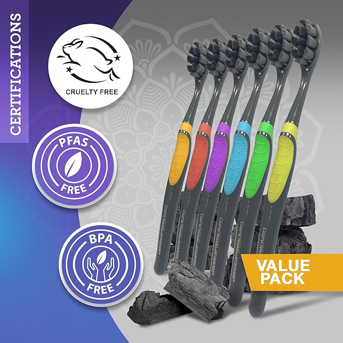 GuruNanda Butter on Gums Charcoal Toothbrush - 8000+ SoftexTM Bristles for Sensitive Teeth & Gums, Aids in Teeth Whitening, Extra Soft (6 Count)