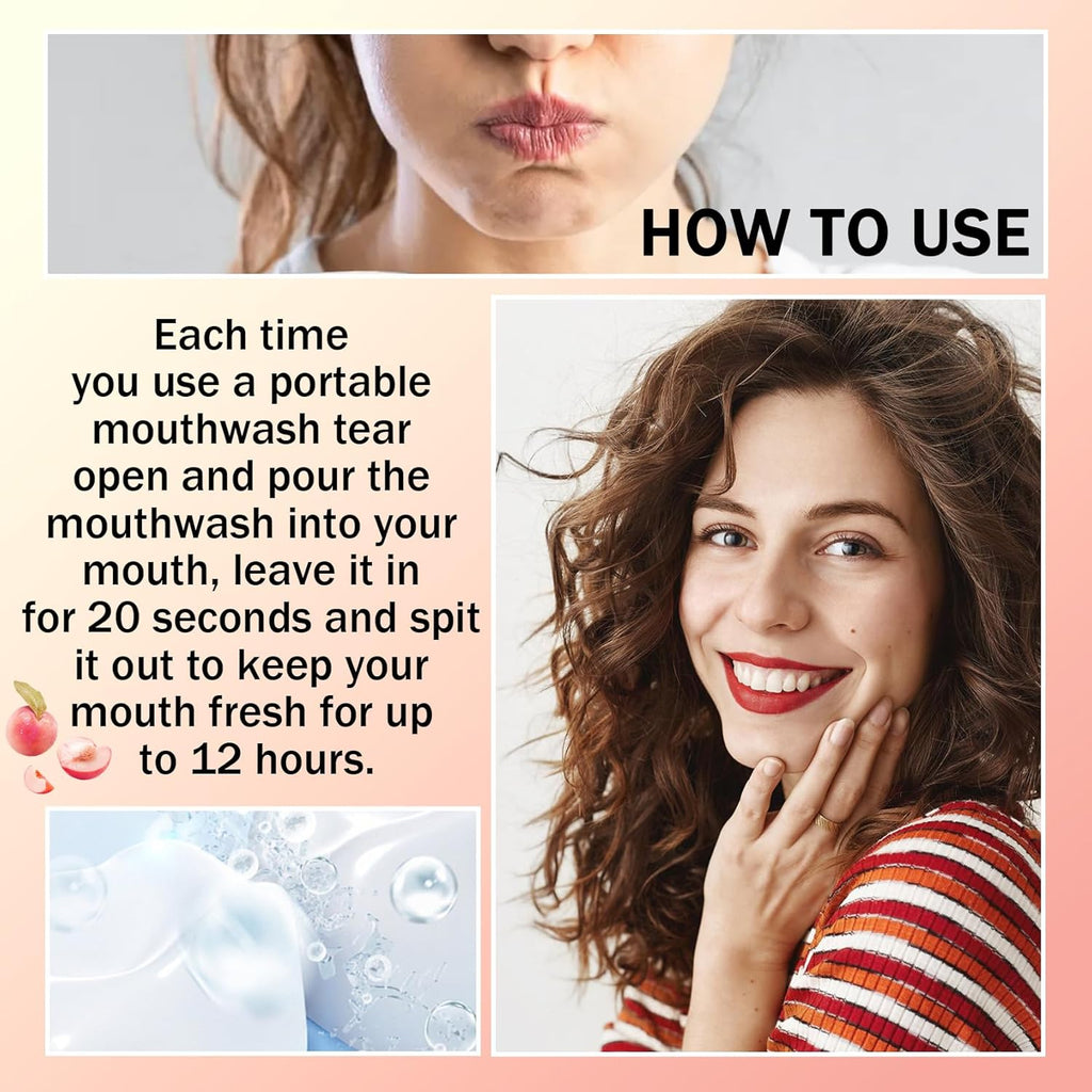 40PCS Peach Oral Care Travel Mouthwash,Fresh Breath Travel Size Mouthwash,Individually Wrapped Mini Mouth Wash,Refreshing Oral Mouth Rinse,Oral Cleaning Mouth Wash for Adults