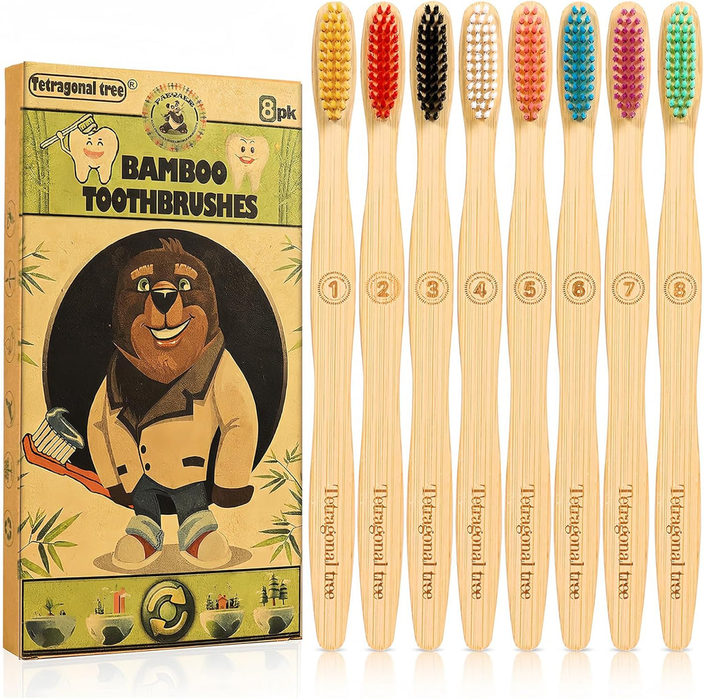 8 Count Biodegradable Bamboo Toothbrushes - Natural Toothbrush Value Pack - Extra Soft Toothbrush for Adults, Good for Sensitive Teeth and Gums