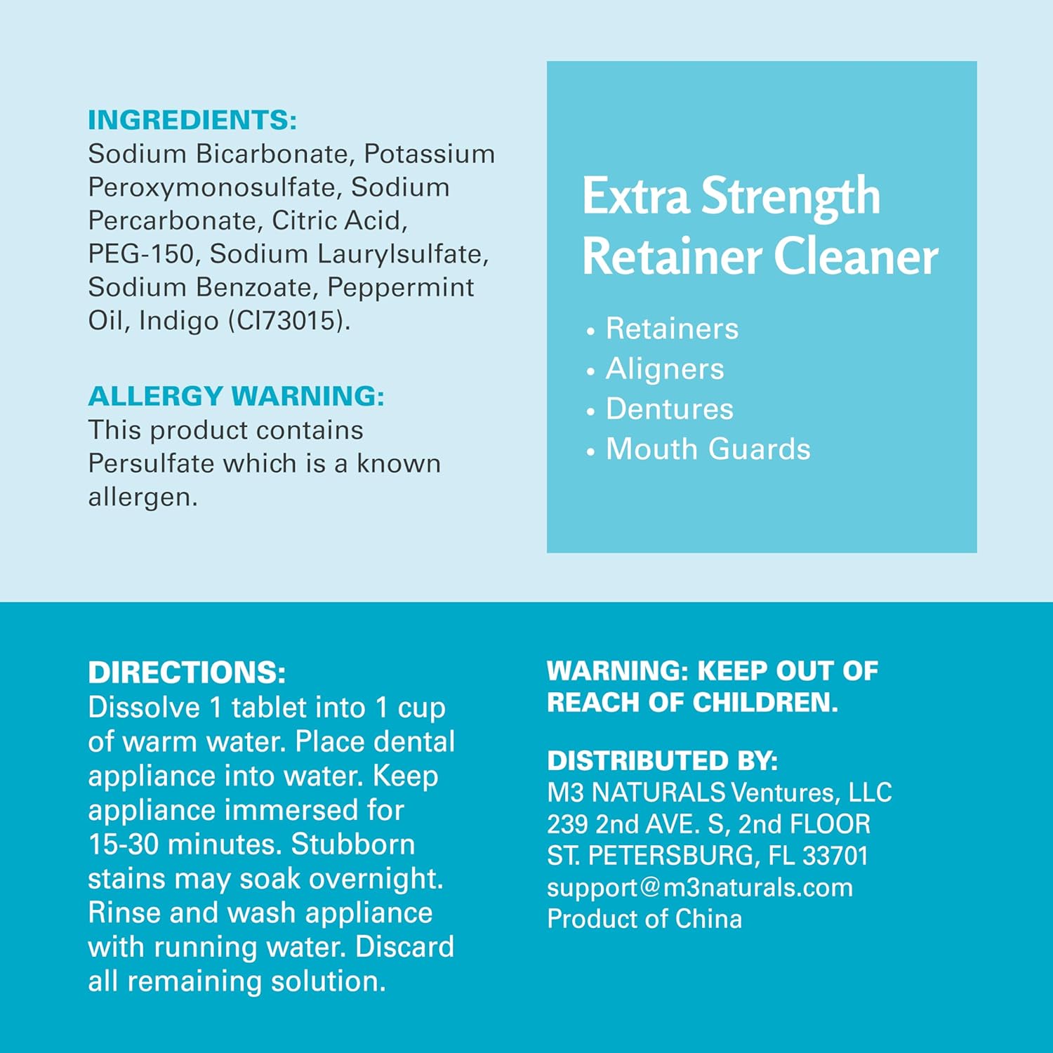 Retainer Cleanser Tablets Invisalign Cleaner, Removes Odors Discoloration Stains and Plaque 4 Month Supply Denture Cleansers Retainers Mouth Guards Denture Bath Mint by M3 Naturals