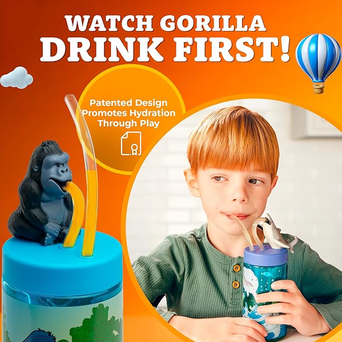 Kids Water Bottle, Toddler Cups, Tumbler with Lid and Straw, Travel Sippy Cup for Water or Milk, Kids Cups with Lids for Toddlers 3 and Up, BPA Free Plastic, 12 oz (Zoo Silverback Gorilla)