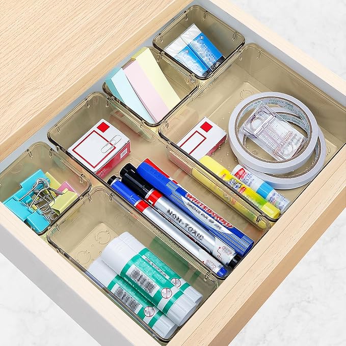25 PCS Drawer Organizer Set, 5 Varied Size Bathroom and kitchen Drawer cabinet organizer Trays, Clear Storage Bins for Makeup, Jewelry, Utensils and Gadgets, Champagne