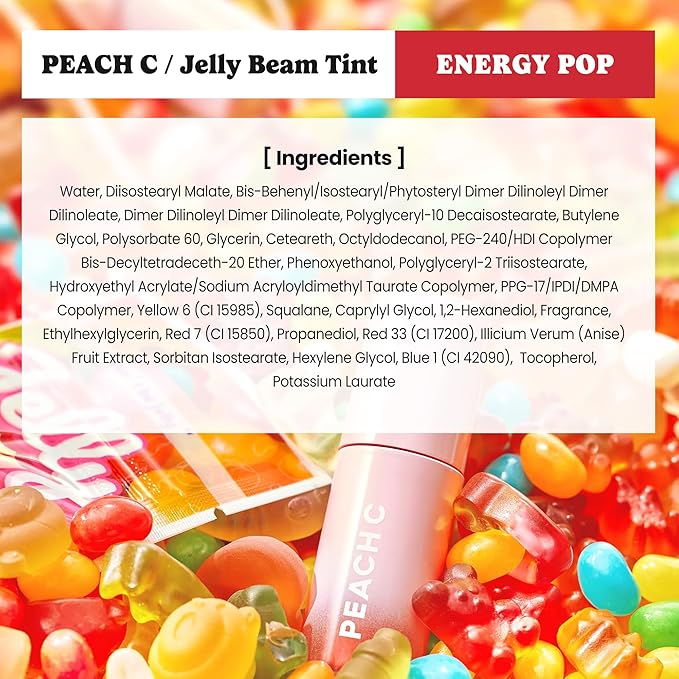 Peach C Jelly Beam Tint - Long Lasting Korean Lip Tint Stain Plumping Jelly Lip Gloss - Lightweight, Moisturizing & Buildable Lip Makeup Jelly Tint Blush with Vitamin E (Energy Pop, 0.07 oz)