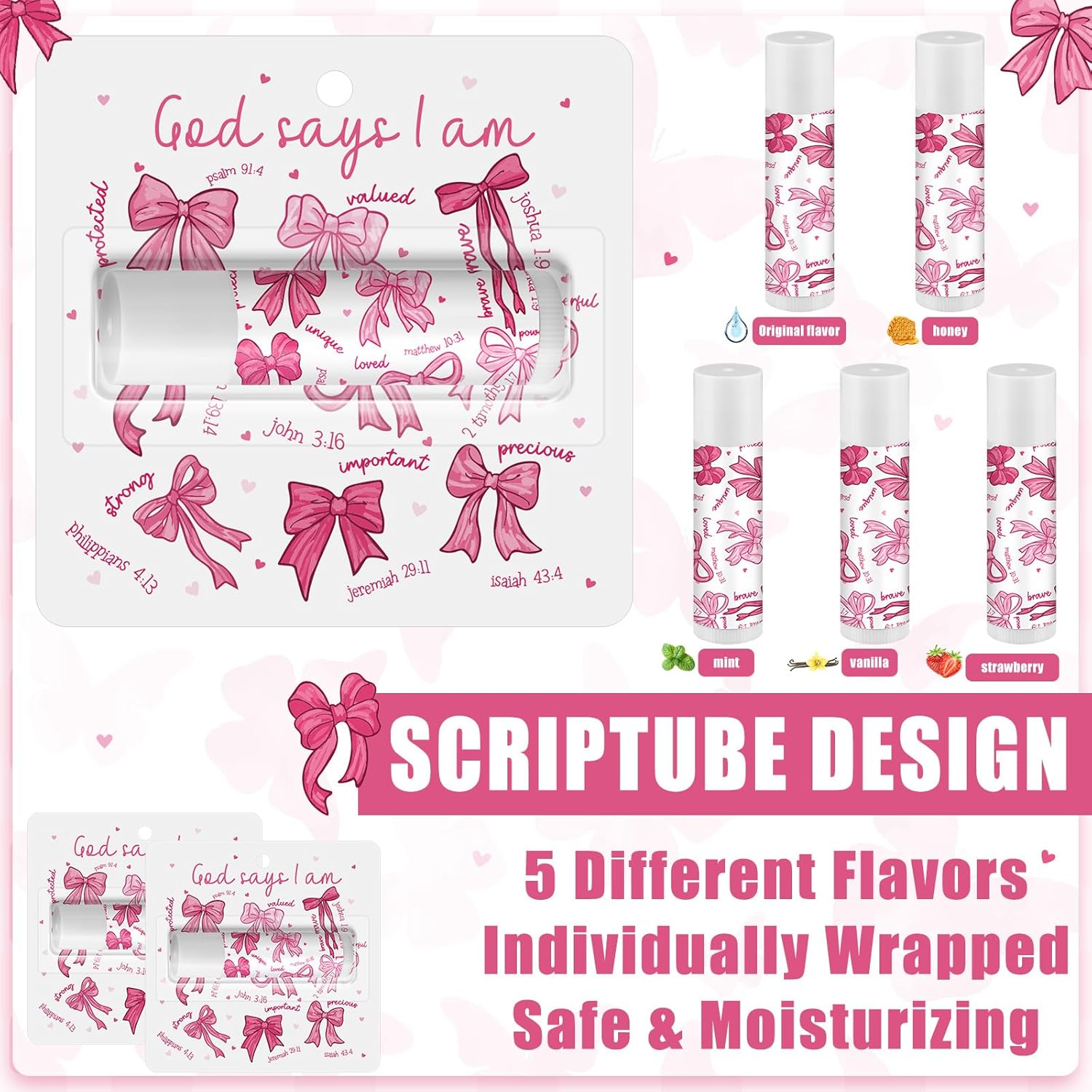 25 Pack Christmas Bow Gifts Religious Bible Verse Lip Balms Bulk 5 Flavor for Women Men Christian Religious Church Party Favors with Scripture Inspirational Gifts for Coworkers Staff