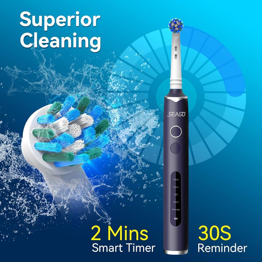 SEAGO Rotating Electric Toothbrush with 8 Round Brush Heads, with 5 Cleaning Modes, Sonic Technology Whitening Teeth in 14 Days, for Adult and Kids, SG-2603 (Blue)