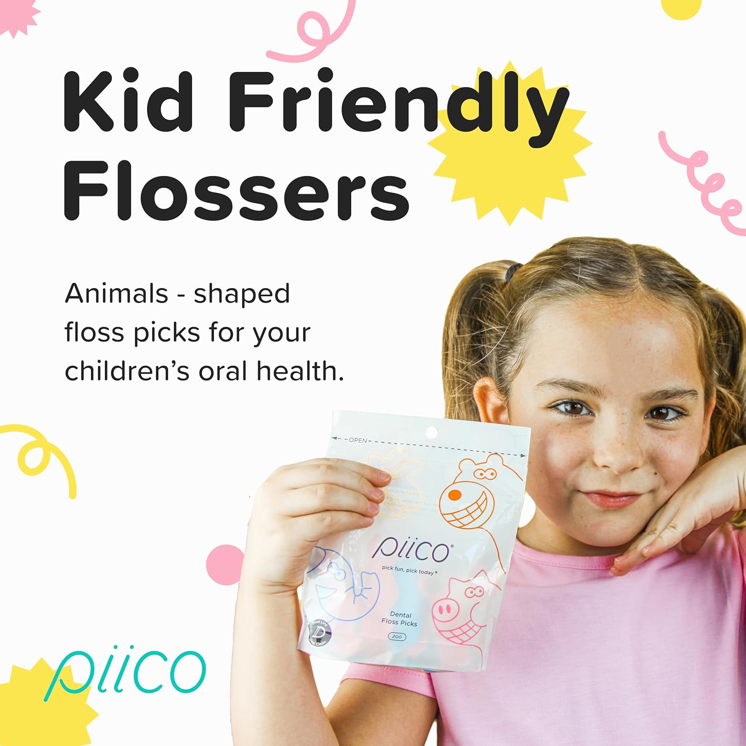 Piico Unflavored Kids Floss - No Fluoride Dual Line Dental Floss Picks - Fun Oral Care in Colorful Floss Sticks Design - Kids Flossers Prevent Tooth Decay & Gum Disease - 150 Homebox Zoo & Travel Case