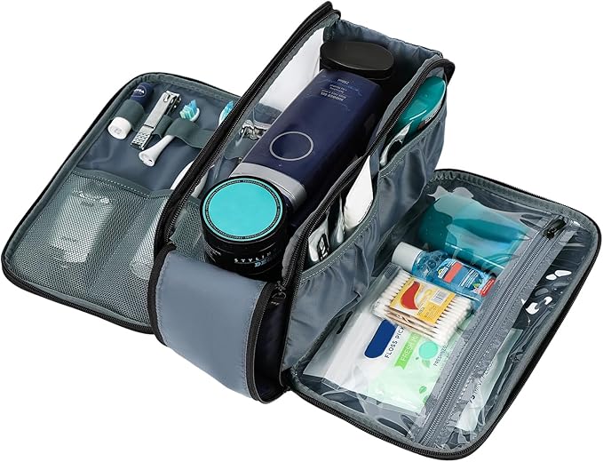 ZEEMO Travel Toiletry Bag for Men, Medium Water-Resistant Double-Sided Full-Open Dopp Kit, Versatile Organizer for Shower and Hygiene Accessories, Bathroom Essentials, Cosmetics, Large, Blue